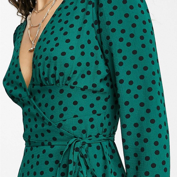 Green Polka Dot Long Sleeve Wrap Dress - Picture 2 of 3